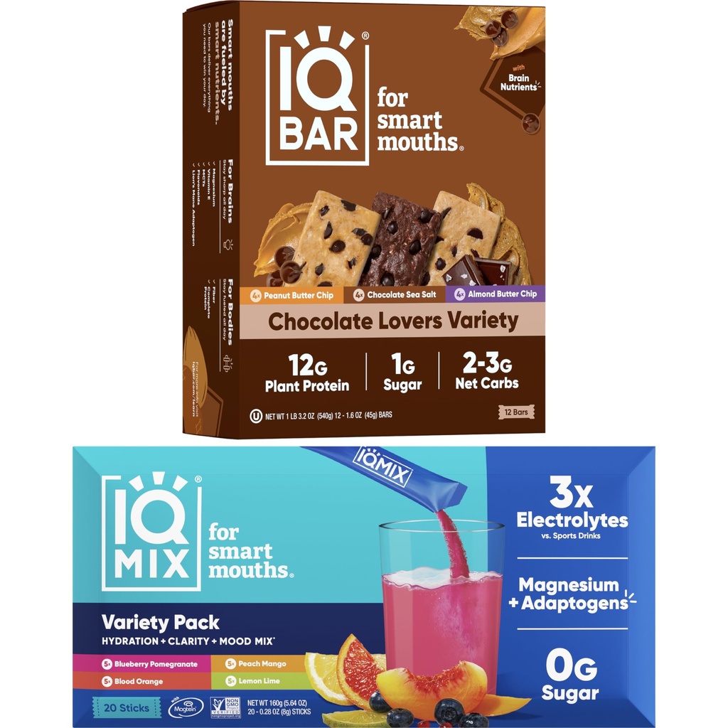 IQBAR Brain and Body Keto Protein Bars - 12 Count Chocolate Lovers Variety Low Carb, Vegan Bars & IQMIX Sugar Free Ηλεκτρολύτες Powder Packets - 20 Count Variety Pack Keto Electrolytes with Lions Mane