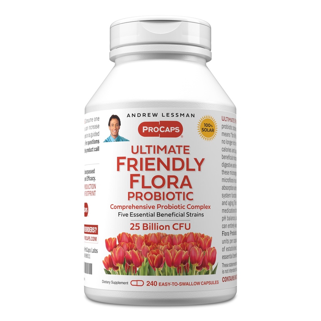 ANDREW LESSMAN Ultimate Friendly Flora Probiotic 240 Κάψουλες - 25 δισεκατομμύρια CFU, περιεκτική ανάμειξη των πέντε προβιοτικών σπειρών, ισχυρό ανοσοποιητικό και ανθεκτική υποστήριξη. Προβιοτικά για γυναίκες ή άνδρες