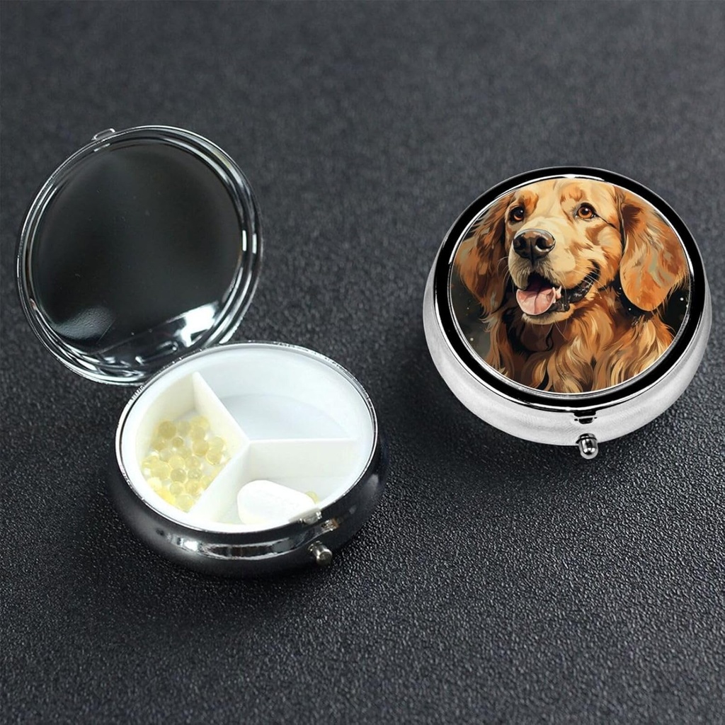 Round Pill Box 3 Compartment Pill Box Pill Containe Pillbox Case for Travel Small Pill Case Golden Retriever Pill Organizer for Vitamins Fish Oil Box Supplement Box