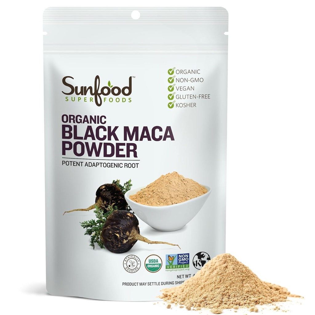 Sunfoods Superfoods Organic Black Maca Powder - Black Maca Root Powder, Black Maca Root for Men & Women, Περουβιανή, Ακατέργαστη, Vegan, Premium Black Maca Powder - 4 oz Bag