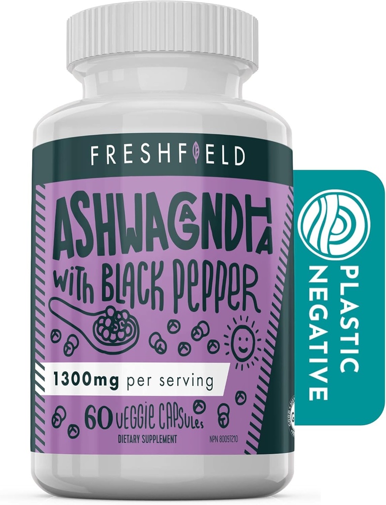 Freshfield Ashwagandha με Μαύρο Πιπέρι. Vegan Φιλικό συμπλήρωμα για Adrenal Fatigue Υποστήριξη, Μνήμη των μυών, Θυρεοειδή και Δύναμη. Όλα τα φυσικά καψάκια 1300mg