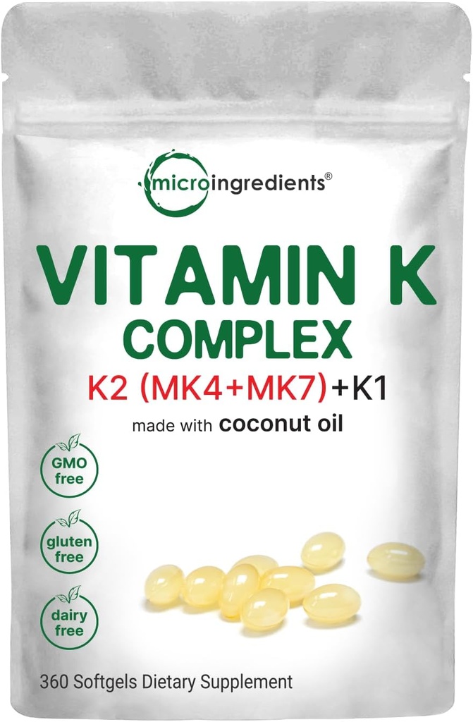 Micro Ingredients Super Vitamin K Complex (K2 MK7 + MK4 & K1), 360 Coconut Oil Softgles 