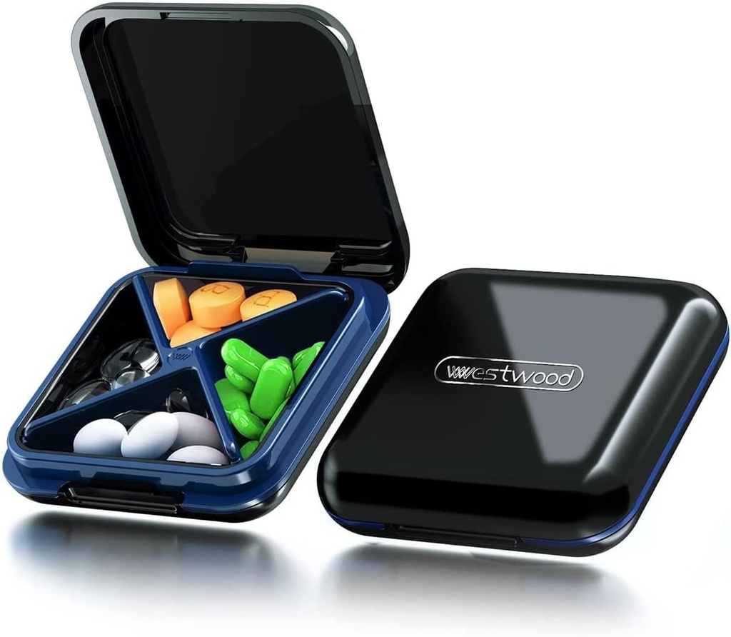 Μαύρο 4-διαμέρισμα Αδιάβροχο κουτί χάπι Organizer - Travel Portable Medicine Box, BPA δωρεάν χάπια για βιταμίνες, ιχθυέλαια, συμπληρώματα