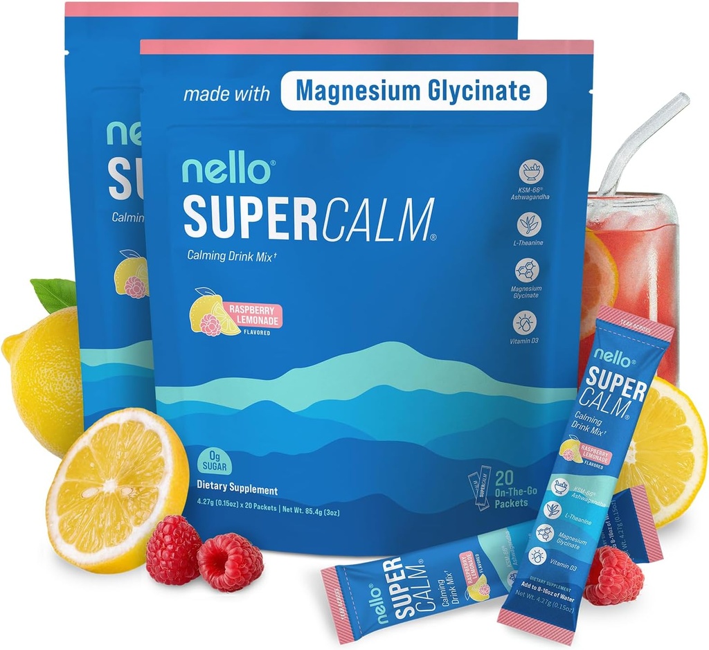 Nello Supercalm Powdered Drink Mix, Raspberry Lemonade, L Theanine, Ksm-66 Ashwagandha, Μαγνήσιο Γλυκινικό, Βιταμίνη D 3, Συμπληρώματα για Χαλάρωση & Εστίαση, Χωρίς Ζάχαρη, Μη ΓΤΟ, On The Go, (2-Pack)