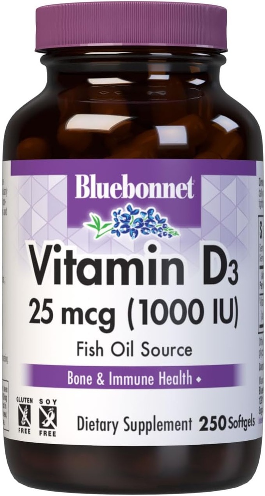 Bluebonnet Διατροφή Βιταμίνη D3 1000 IU Softgels, Βοηθήματα στη μυϊκή και σκελετική ανάπτυξη, Cholecalciferol από ιχθυέλαιο, μη ΓΤΟ, Χωρίς γλουτένη, Χωρίς σόγια, Χωρίς γαλακτοκομικά, 250 Softgels