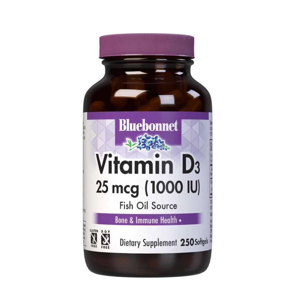 Bluebonnet Διατροφή Βιταμίνη D3 1000 IU Softgels, Βοηθήματα στη μυϊκή και σκελετική ανάπτυξη, Cholecalciferol από ιχθυέλαιο, μη ΓΤΟ, Χωρίς γλουτένη, Χωρίς σόγια, Χωρίς γαλακτοκομικά, 250 Softgels