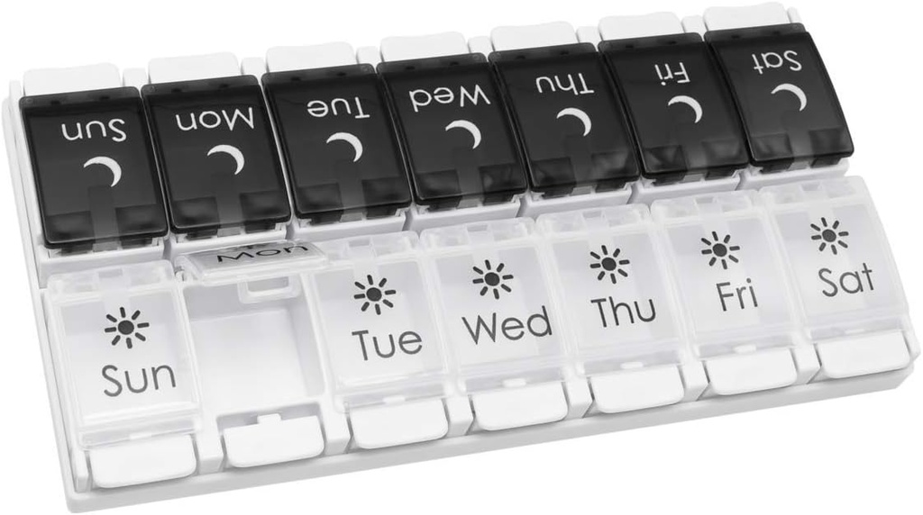 EZY DOSE Push Button (7-Day) Pill Case, Medicine Planner, Vitamin Organizer, 2 Times a Day AM/PM, Removable Trays, Large Compartments, Arthritis Friendly, Spring Open Black and White Lids, BPA Free