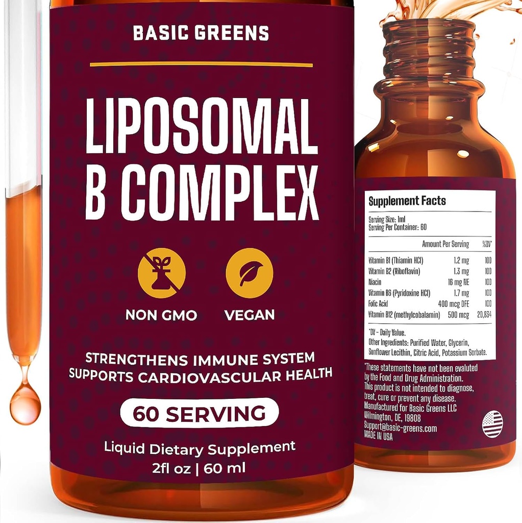 Liposomal B Vitamins Complex Liquid – Υψηλή απορρόφηση για την ενέργεια, τον εγκέφαλο και το δέρμα Υγεία, τα μαλλιά και τα νύχια, Advanced Liposomal Delivery, Vegan, Non-GMO, 2 Fl Oz