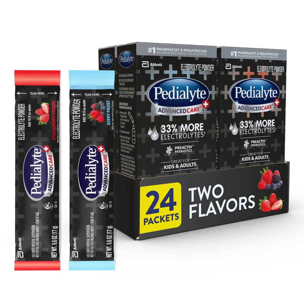 Pedialyte AdvancedCare Plus Ηλεκτρολυτική σκόνη, έχει 33% Περισσότερα Ηλεκτρολύτες και PreActiv Prebiotics, Variety Pack: Berry Frost και Strawberry Freeze, 24 συσκευασίες σκόνης