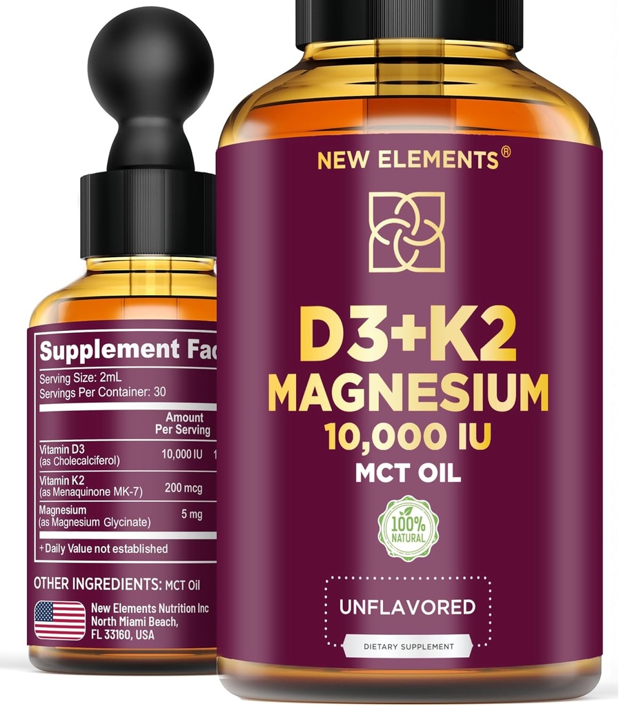 Liquid Vitamin D3 with K2 & Magnesium Glycinate | Vitamin D Drops 10.000 IU | Vitamin K2 200mcg Mk7 | Vitamin D3 + K2 Supplement for Men & Women | High Absorption | MCT Oil | Gluten Free | Non-GMO