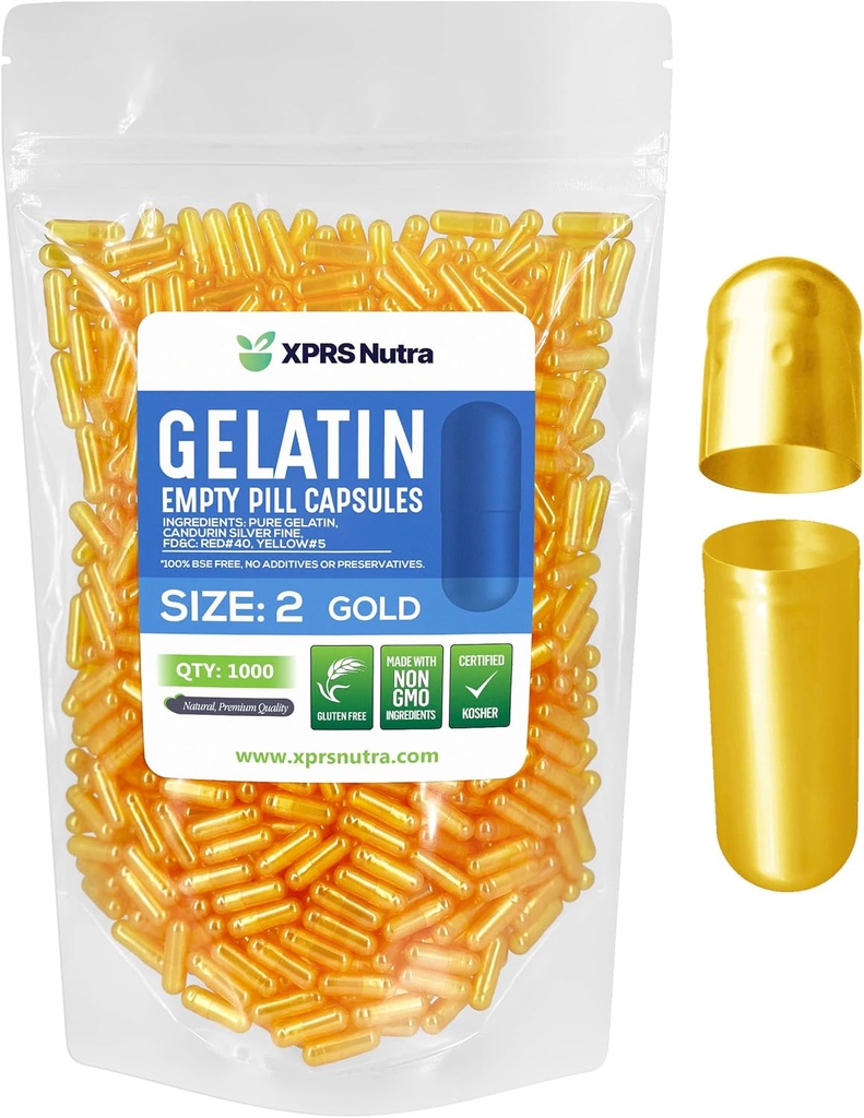 XPRS Nutra Size 2 Empty Capses - 1000 Count Empty Gelatin Capses - Χάπια DIY Capsuling - Pure Bovine Pill Gel Caps for Do-It-Yourself Συμπληρώματα (Gold)