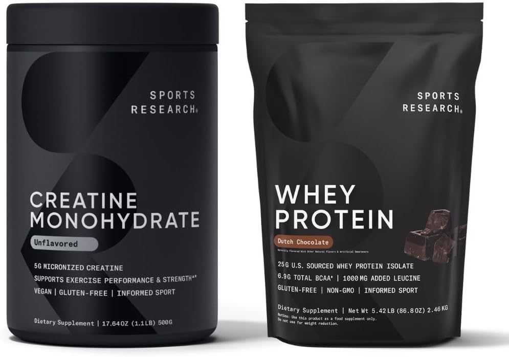 Sports Research Creatine Monohydrate (1.1 LBS) and Dutch Chocolate Whey Protein (5.42 LBS), The Dynamic Duo for Lean Muscle Building, Improved Performance and Strength & Workout Recovery