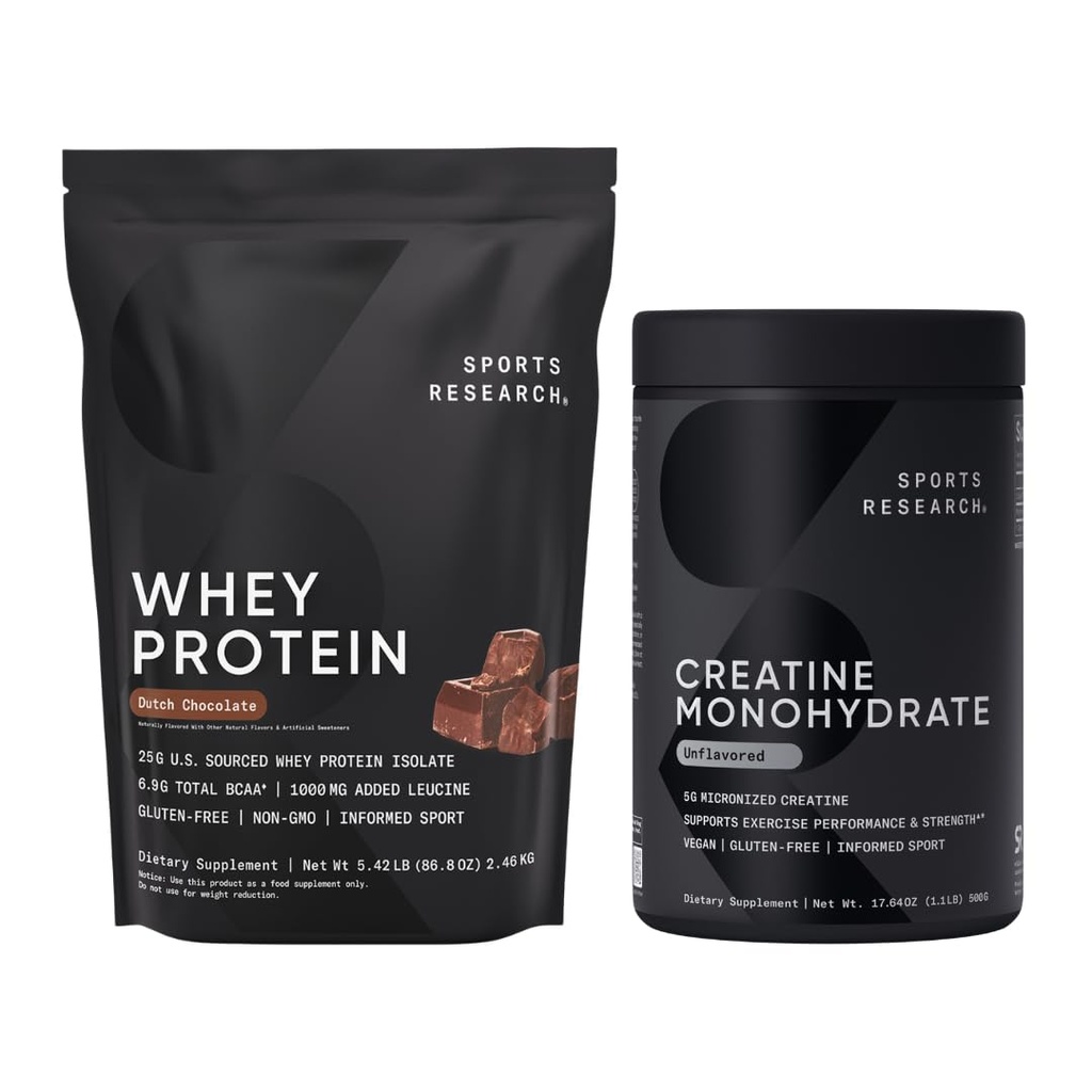 Sports Research® Creatine Monohydrate (1.1 LBS) και Ολλανδική πρωτεΐνη Whey Chocolate (5.42 LBS), The Dynamic Duo for Lean Muscle Building, βελτιωμένη απόδοση και δύναμη & αποκατάσταση προπόνησης
