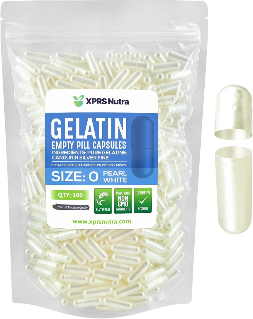 XPRS Nutra Μέγεθος 0 Κενές κάψουλες - 500 Count Empty Gelatin Κάψουλες - Χάπια DIY Καψάκιο Γέμισμα - Καθαρά Καπάκια τζελ Μπόβιν Χάπι για Συμπληρώματα Do-It-Yourself (Pearl White)