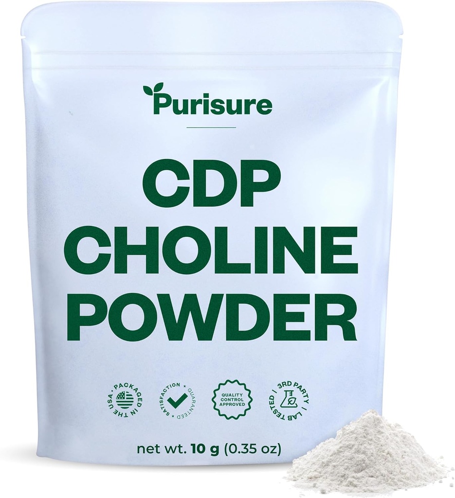 Purisure CDP Choline Powder, 10g, CDP Choline Supplements That Support Attention, Focus, and Energy, Citicoline Powder for Cognitive Function, Increases Motivation and Productivity, 40 Servings