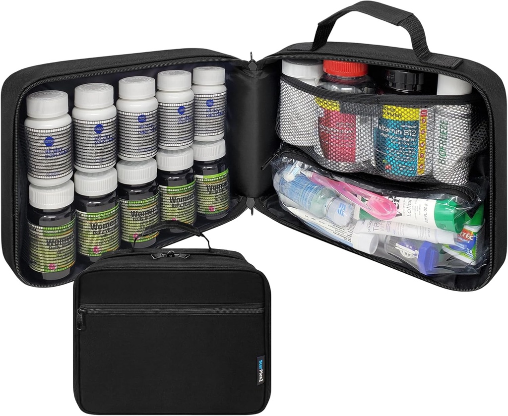 Big Pill Bottle Organizer, Medicine Bag, Carrier για Φάρμακα, Βιταμίνες, και Ιατρικές Προμήθειες - Travel Medicine Organizer and Storage Med Bag with Elastic Bands - Μαύρο (Χωρίς Κλείδωμα)