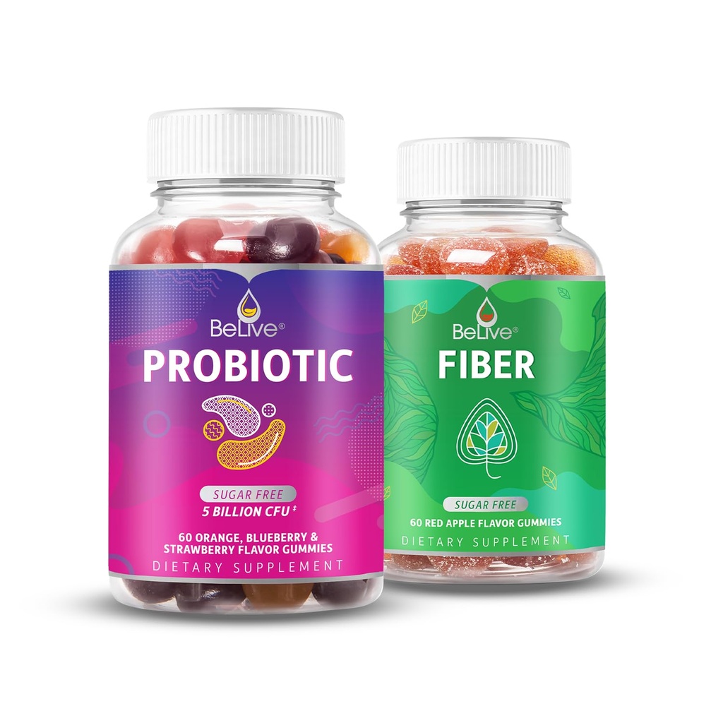 Belive Digestive Bundle Probiotic and Fiber Gummies for Digestive and Gut Health, Sugar Free, Vegan