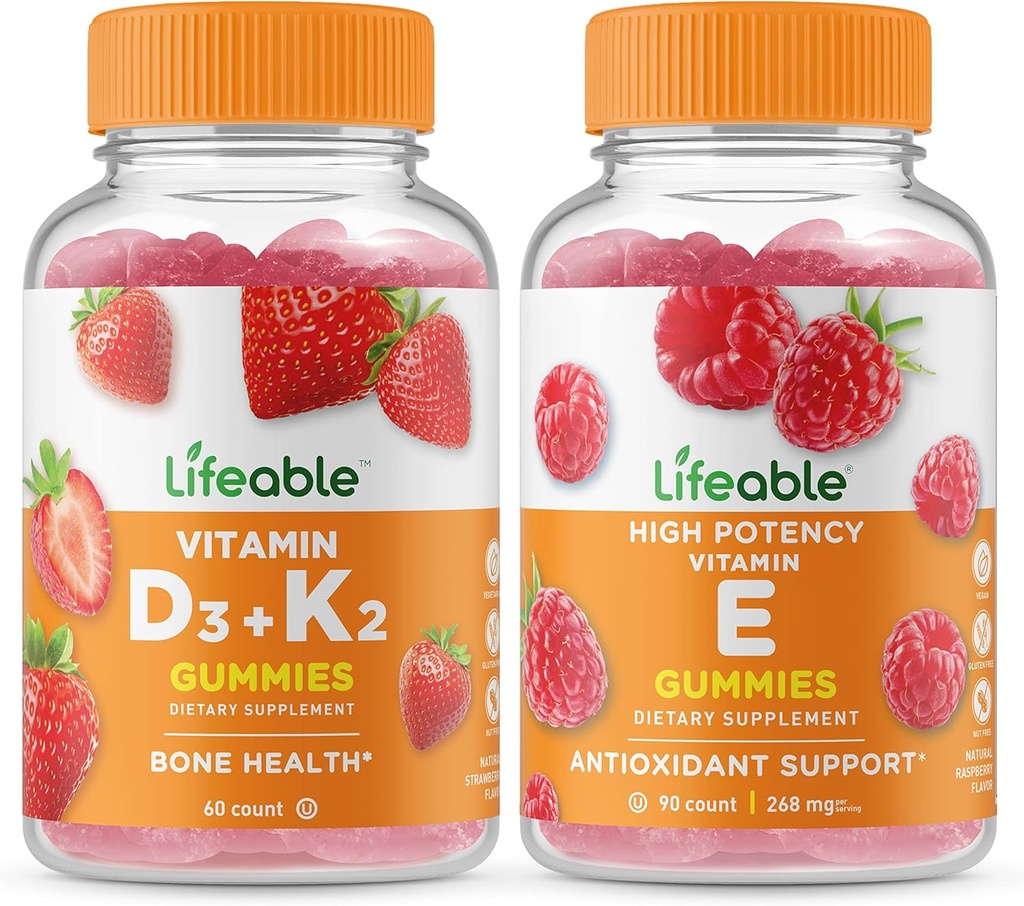 Ζωηρή βιταμίνη D3 + Βιταμίνη K2 + Βιταμίνη E, Gummies Bundle - Μεγάλη γεύση, συμπλήρωμα βιταμίνης, Χωρίς γλουτένη, Χωρίς ΓΤΟ, Μασώμενη Gummy