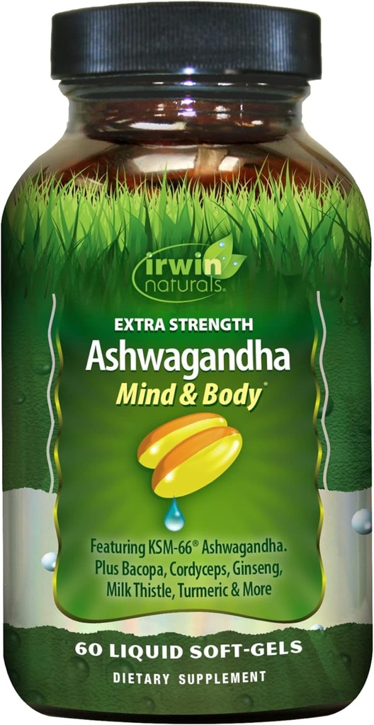 Irwin Naturals Extra Strength Ashwagandha Mind & Body Adaptogenic Herbs Υποστηρίζει την αντίδραση στρες, Mood, ψυχική & φυσική απόδοση με Cordyceps, Turmeric, BioPerine & More - 60 υγρά Softgels
