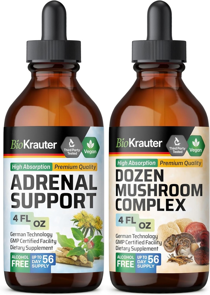 BIO KRAUTER Adrenal Support Tincture 4 Fl. Oz. & Dozen Mushroom Tincture 4 Fl. Oz.