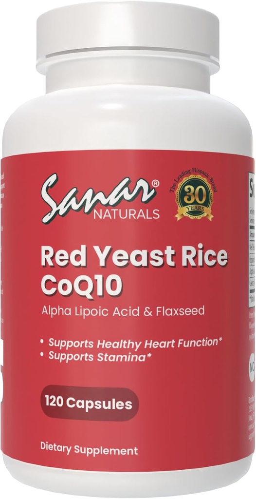 Sanar Naturals Red Yeast Rice, CoQ10 συμπλήρωμα - Υποστηρίζει υγιή καρδιακή λειτουργία, ενέργεια, και Σταματίνα - μη ΓΤΟ, Χωρίς γλουτένη, Vegan, 120 κάψουλες