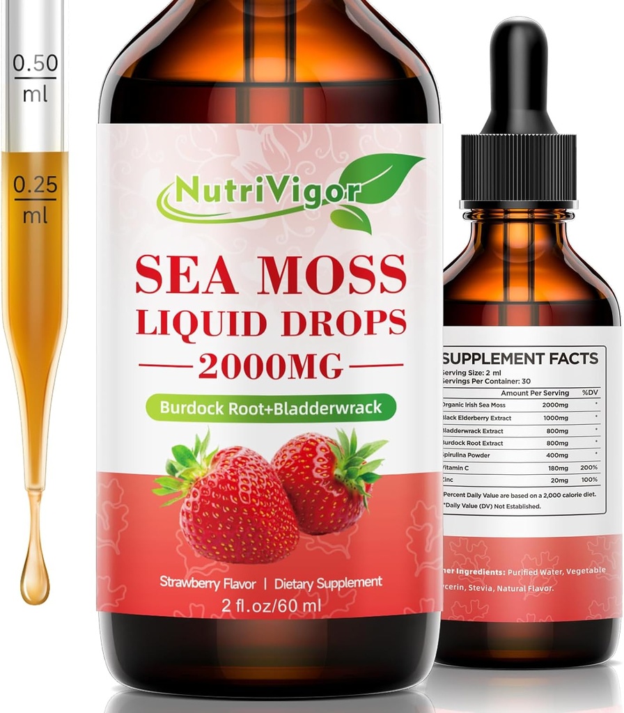 Sea Moss Liquid Drops - 2000mg Irish Sea Moss Supplement with Burdock Root & Bladderwrack, Qrganic Seamoss Raw for Immunity, Digestive, Joint & Thyroid, Strawberry, 2 Fl. Oz/60 ml