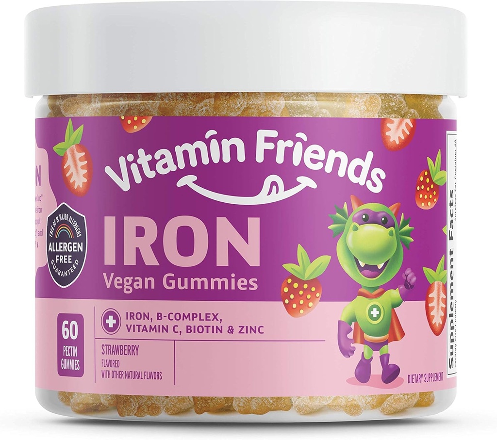 Vitamin Friends - Vegan Multivitamin & Iron for Kids - Καθημερινή διατροφική υποστήριξη Gummies w/Ferrous Fumarate B-Complex, βιταμίνη C, ψευδάργυρος, βιοτίνη - Λειτουργία σώματος & αναιμία - Φράουλα, (60 ημέρα εφοδιασμού)