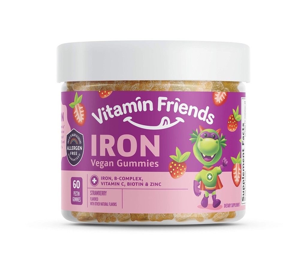 Vitamin Friends - Vegan Multivitamin & Iron for Kids - Καθημερινή διατροφική υποστήριξη Gummies w/Ferrous Fumarate B-Complex, βιταμίνη C, ψευδάργυρος, βιοτίνη - Λειτουργία σώματος & αναιμία - Φράουλα, (60 ημέρα εφοδιασμού)