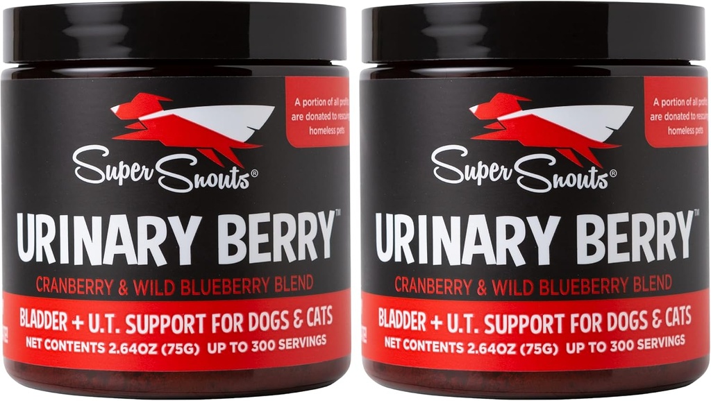 Super Snouts Urinary Berry urinary Tract Συμπληρώματα για σκύλους & γάτες, Made in US, US & Canadian Blueberry & Cranberry Powder, UTI, Kidney Health Support, Bladder Support for Dogs (2.63 oz, Pack of 2)