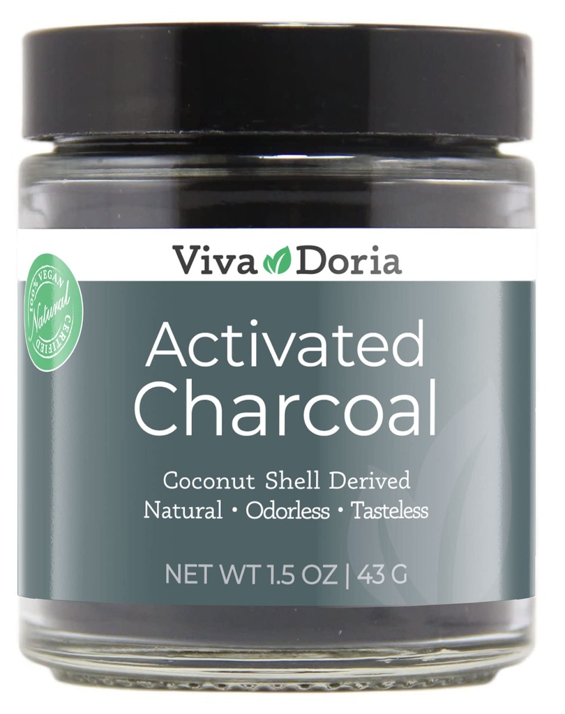 Viva Doria Virgin ενεργοποιημένη σκόνη καρβουνιού, Coconut Shell που προέρχεται, βαθμός τροφίμων, 1,5 Oz glass Jar