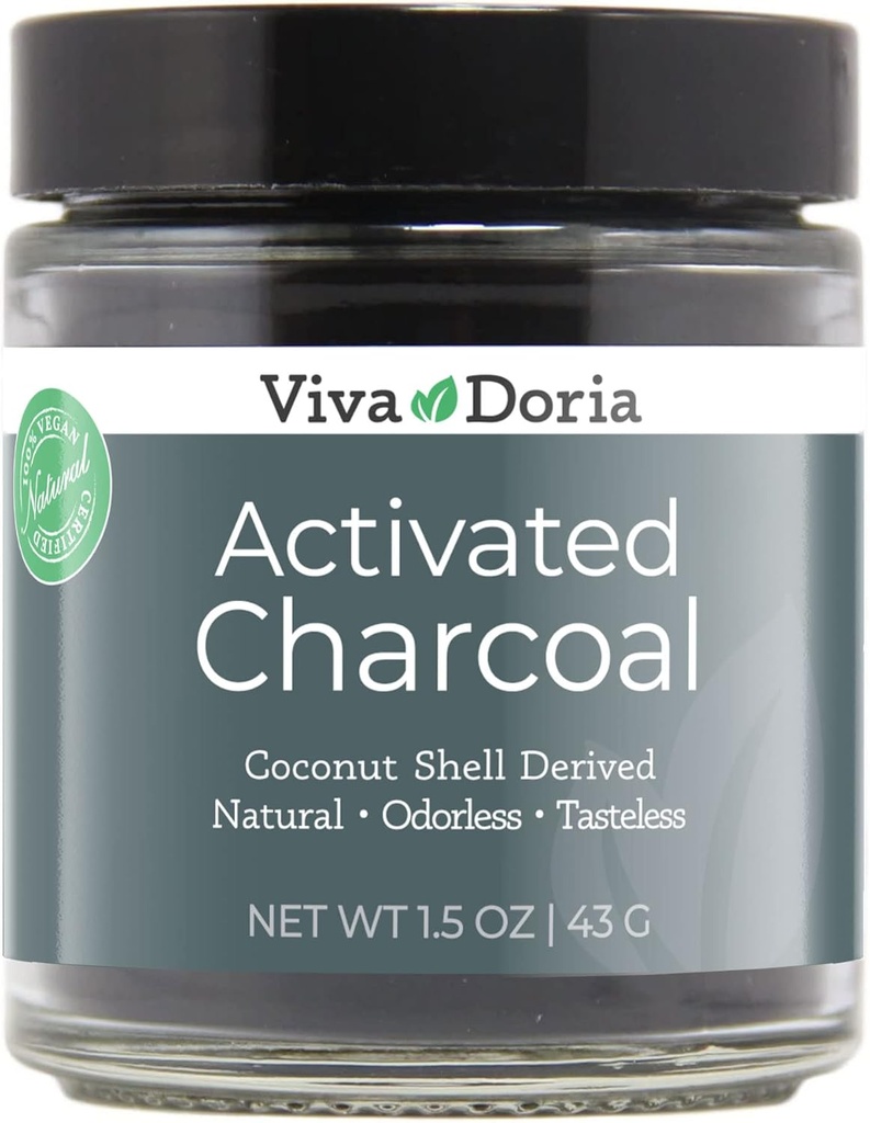 Viva Doria Virgin ενεργοποιημένη σκόνη καρβουνιού, Coconut Shell που προέρχεται, βαθμός τροφίμων, 1,5 Oz glass Jar