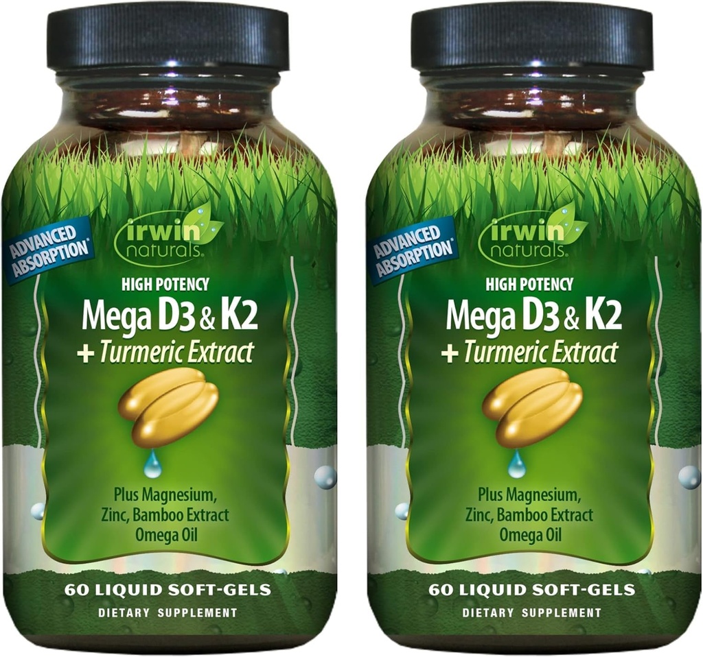 Irwin Naturals High Potency Mega D3 & K2 + Turmeric Extract για υγιή οστά, ανοσοποιητική λειτουργία & θετική διάθεση - Προηγμένη απορρόφηση με μαγνήσιο, κουρκουμά, λάδι μπαμπού & ωμέγα - 60 υγρά Softgels