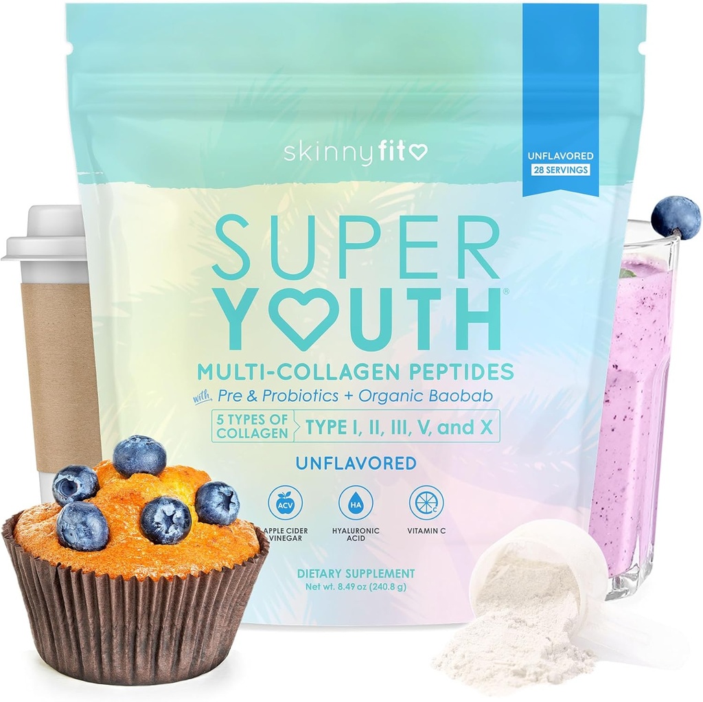 SkinnyFit - Super Youth Collagen for Women - Multi Collagen Peptides Powder - Probiotics, Fiber, Hyaluronic Acid - Non GMO, Gluten Free, Sugar Free - Beauty & Self Care - Unflavored (28 Services)