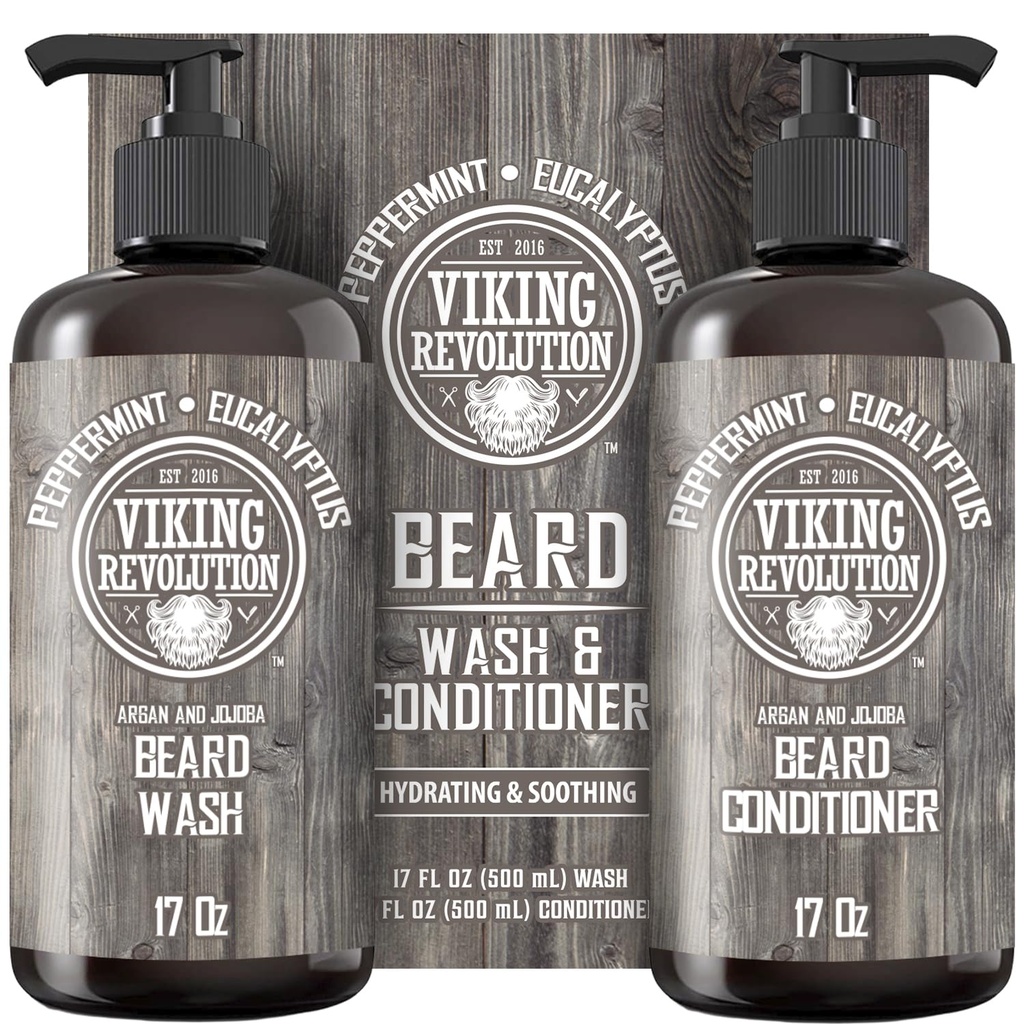 Viking Revolution Beard Wash & Conditioner Set w/Argan & Jojoba Oils – Softens, Smooths & Strengthens Beard Growth - Natural Peppermint and Eucalyptus Scent - Shampoo (17 oz)
