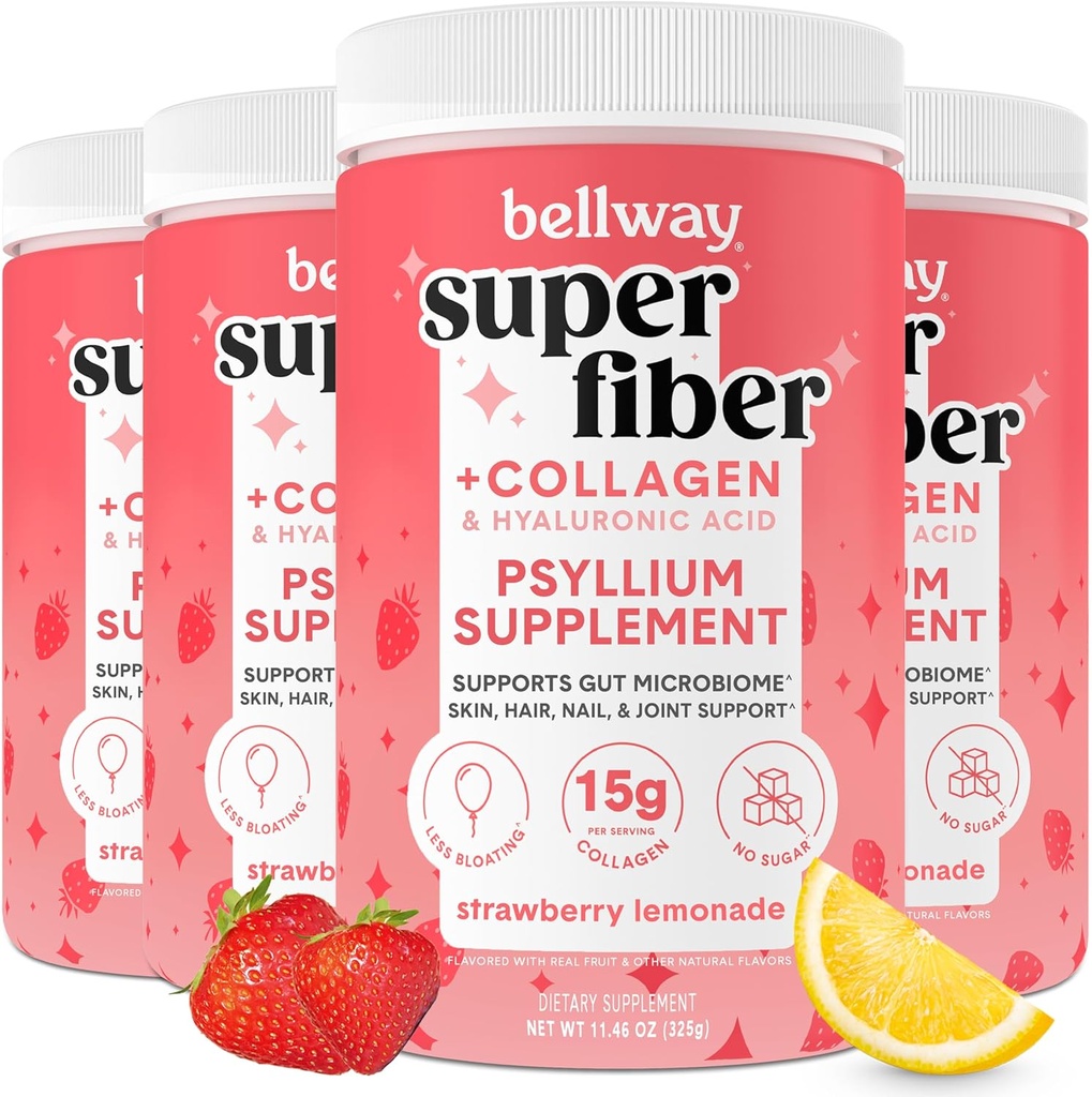 Bellway Super Fiber Powder + Collagen (4 Pack), Sugar-Free Psyllium Husk Powder with Collagen Peptides for Gut Health, Healthy Skin, Nails, Bones & Joints, Strawberry Lemonade (45,84 oz)