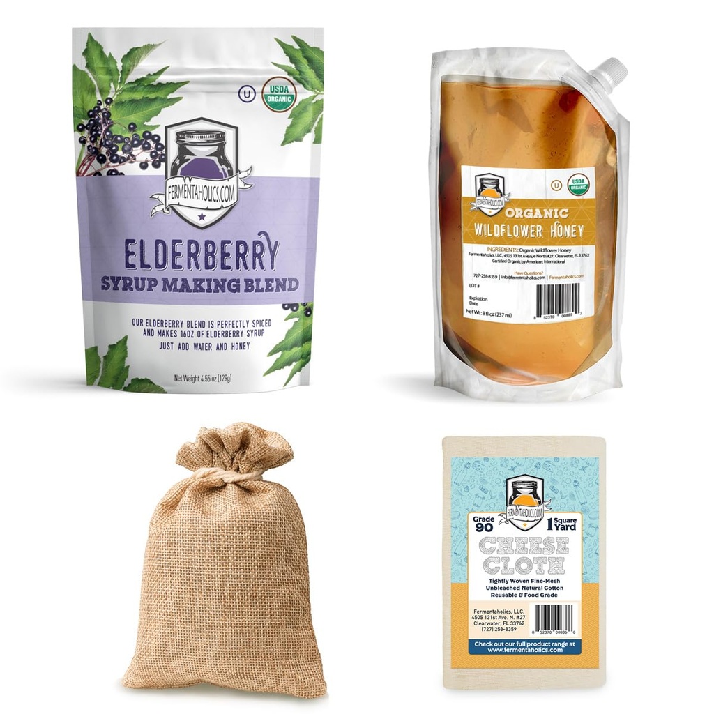 FERMENTAHOLICS USDA Organic Dried Elderberry Syrup Making Kit | Easily Make Your Own Elderberry Syrup or Tea! | All Natural | Elderberries + Syrup Spice Blend + Honey + Cheese Cloth | For Syrup
