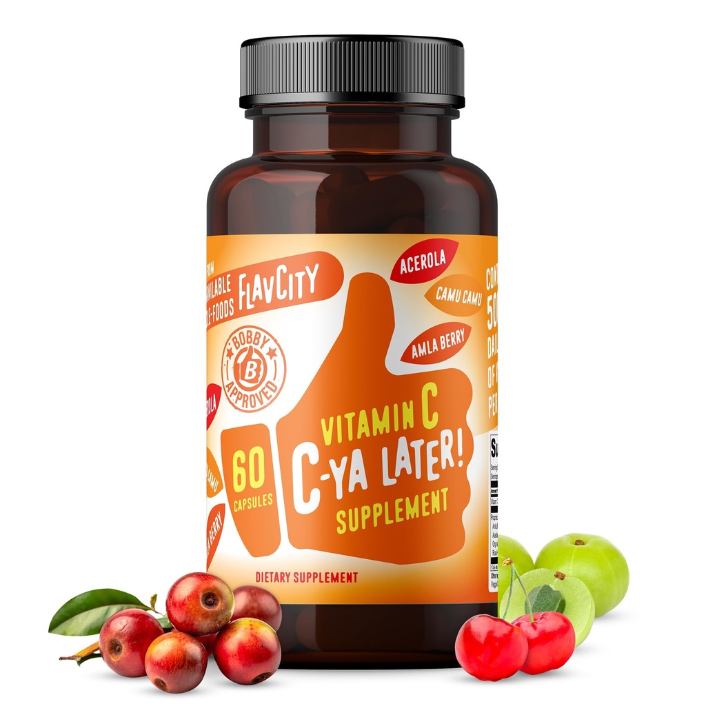 FlavCity Vitamin C συμπλήρωμα, C-Ya Αργότερα! Superfood-Derived Υποστήριξη Ανοσίας - Βιοδιαθέσιμη βιταμίνη C Ανοσοποιητική Υποστήριξη από Acerola Cherry, Rose HIPS & Camu Camu - 500% Καθημερινή Αξία (60 Κάψουλες)