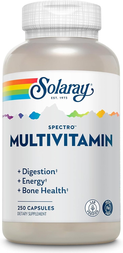 SOLARAY Spectro Multivitamin, Iron Free - Multi Vitamin w/Calcium, Magnesium, Energizing Greens, Digestive Enzymes - Digestion, Cellular Energy, Bone Health, Immune Support, 41 Μερίδες, 250 Κάψουλες