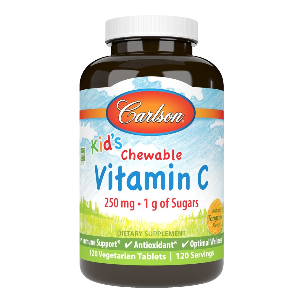 Carlson - Παιδική Μασώμενη Βιταμίνη C, 250 mg, 1 g Σάκχαρων, Ανοσολογική Υποστήριξη & Βέλτιστη Ευεξία, Αντιοξειδωτικό, Tangerine, 120 χορτοφαγικά δισκία