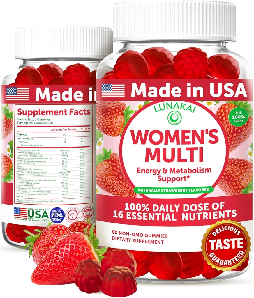 Lunakai USA Made Womens Multivitamin Gummies - Delicious Daily Dose with 16 Multi Vitamins for Women - Energy & Immune Support, Non-GMO, 60 Ct