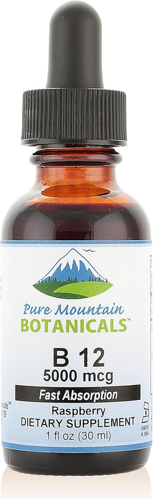 Pure Mountain Botanicals B12 Βιταμίνη 5000 mcg – Kosher B12 σταγόνες σε μπουκάλι 1oz με φυσική γεύση μούρου