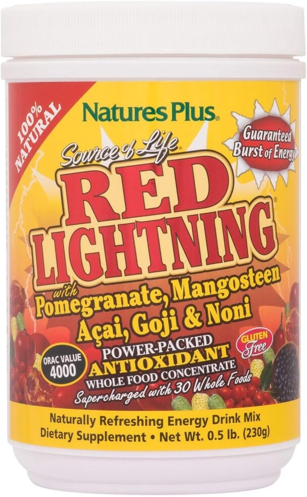 NaturesPlus Πηγή Ζωής Red Lightning Energy Drink Powder - .5 lbs - Μικτή γεύση μούρου - Φυσική ενίσχυση ενέργειας - με ολόκληρα τρόφιμα, αντιοξειδωτικά & κόκκινα Superfoods - Χωρίς γλουτένη - 38 Σερβιέτες