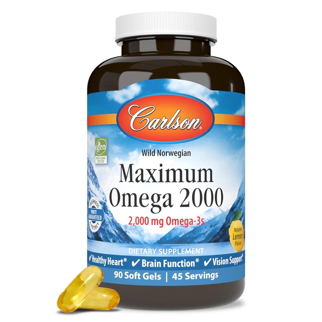 Carlson - Μέγιστο Ωμέγα 2000, 2000 mg Ωμέγα-3, Υγιής Καρδιά, Λειτουργία του εγκεφάλου & Υποστήριξη Όρασης, Λεμόνι, 90 μαλακά τζελ