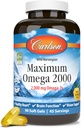Carlson - Μέγιστο Ωμέγα 2000, 2000 mg Ωμέγα-3, Υγιής Καρδιά, Λειτουργία του εγκεφάλου & Υποστήριξη Όρασης, Λεμόνι, 90 μαλακά τζελ