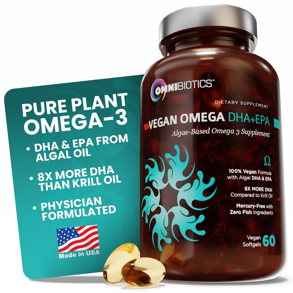 OmniBiotics Vegan Omega 3 DHA συμπλήρωμα EPA – MD-πιστοποιημένο προγεννητικό συμπλήρωμα με 8X Περισσότερα DHA Than Krill Oil, Fish-Free, Non-GMO – 60 Vegan κάψουλες