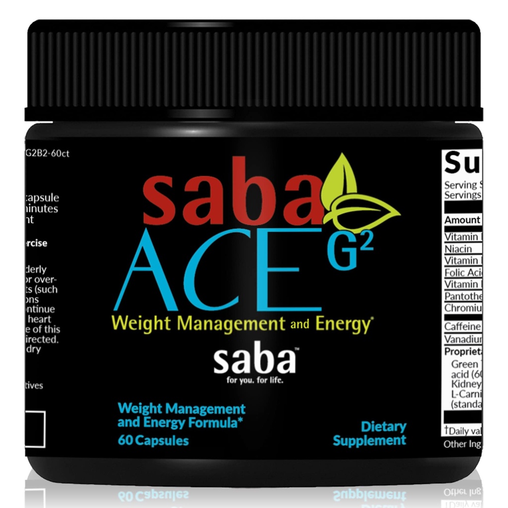 Saba ACE G2 - Θερμογόνος Πάχος Burner. Συμπλήρωμα απώλειας βάρους, ορεκτικό καταπιεστικό, & ενεργειακό ενισχυτή - Πράσινο εκχύλισμα τσαγιού, Capsimax, Garcania, Carnosyn & More - 60 κάψουλες