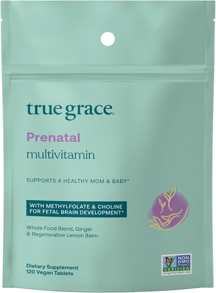 True Grace Prenatal Multivitamin Refill Pouch - 120 Vegan Tablets - Υποστηρίζει μια υγιή μαμά & μωρό με μεθυλοφολικό & χολίνη για την ανάπτυξη του εμβρύου εγκεφάλου - Χωρίς γλουτένη, χωρίς σόγια - 60 Υπηρεσίες