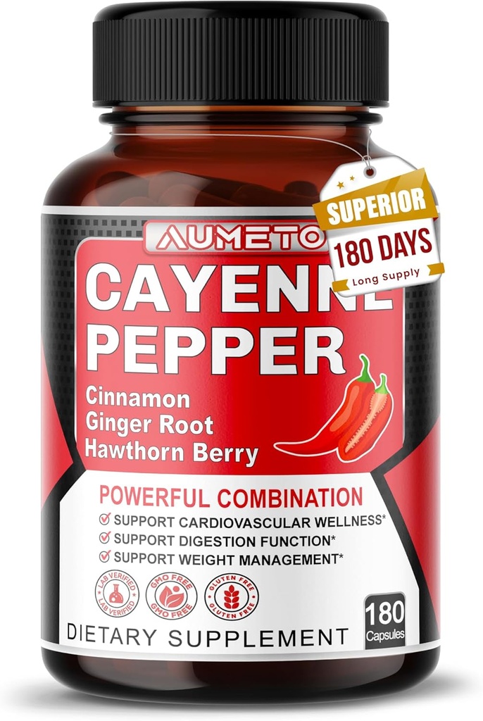 Κάψουλες πιπεριού Cayenne - Ultra Complex with Cinnamon, Ginger, Cardamom, Hawthorn Berry - Υποστηρίξτε την πέψη, την κυκλοφορία και τη συνολική ευεξία (180 Count (Pack of 1))