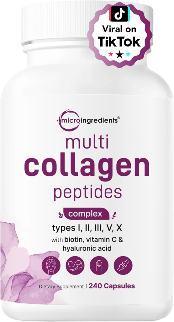 Micro Ingredients Multi Collagen Pills for Women & Men, 240 Capsules | Type I, II, III, V, X - Hydrolyzed Peptides with Biotin, Hyaluronic Acid & Vitamin C | Hair, Skin, Nail & Joint Support*