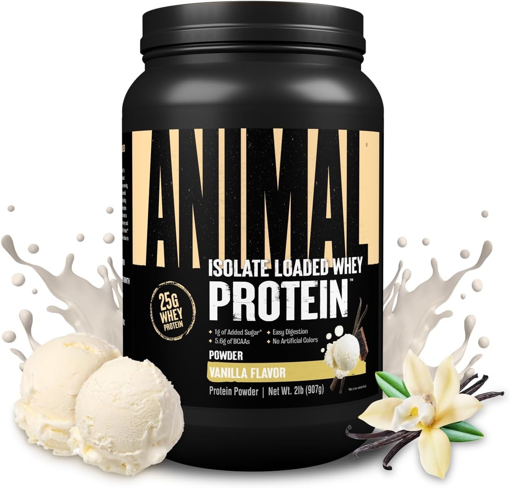 Animal Whey Isolate Protein Powder - Loaded for Pre & Post Workout Muscle Builder and Recovery with Digestive Enzymes for Men & Women - 25g Protein, Great Taste, Low Sugar - Vanilla 2 lbs
